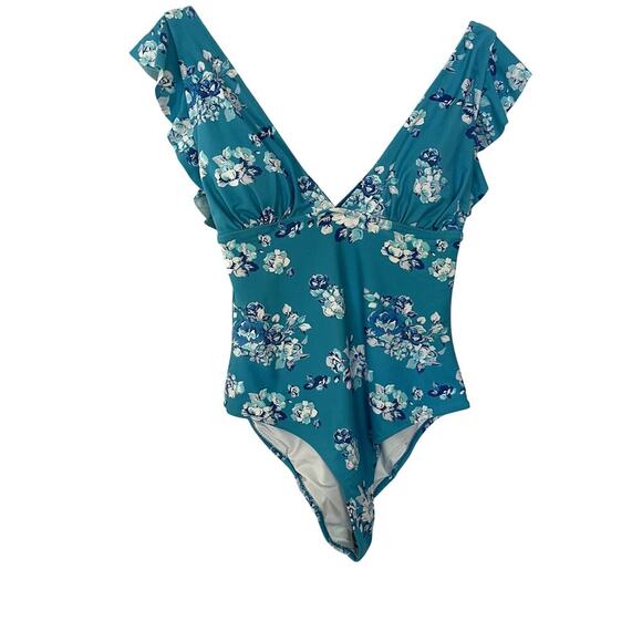 Cupshe Other - Cupshe one piece‎ sky blue floral v-neck swimsuit padded cups frilled women's L